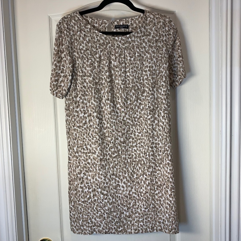 Diplodocus Paris Cream Brown Print Shift Dress Short Sleeve Lined Minimal Chic‎